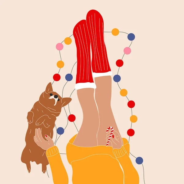 Noel çoraplı, çelenkli ve Corgi köpekli kadın bacakları.