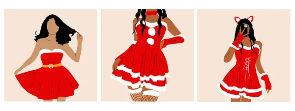 3人の女の子のセットはセクシーなクリスマスドレスを着ています 自撮り手描きベクトルイラスト — ストックベクタ