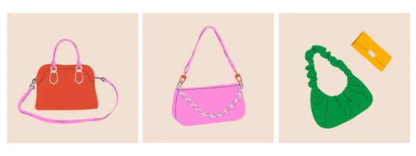 3種類のカラフルな女性のバッグのセット ファッショナブルなレザーアクセサリー 手描きのトレンディーなベクトルイラスト 分離要素 — ストックベクタ