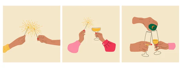 Conjunto Três Celebração Ano Novo Mãos Seguram Champanhe Faíscas — Vetor de Stock