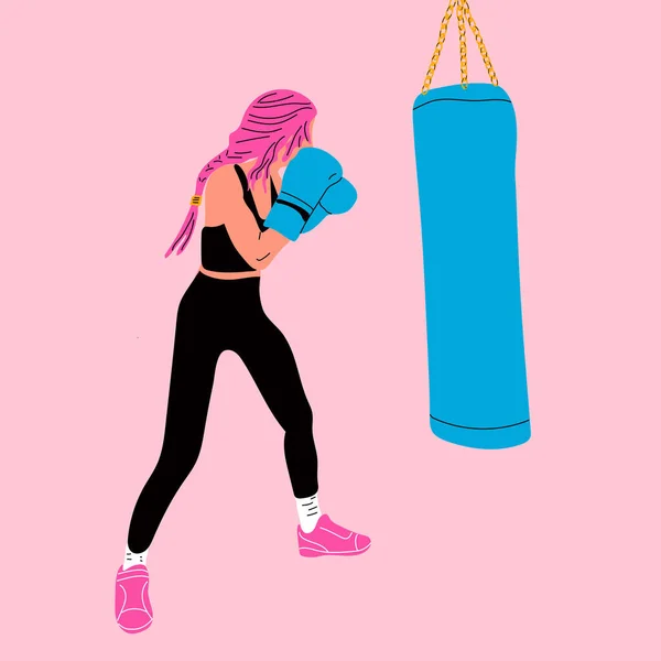 Kvinna Boxningshandskar Poserar Boxningssäck Sportkläder Flickkraftskoncept Tecknad Vektor Illustration — Stock vektor