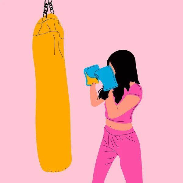 戴拳击手套的女人穿着运动服摆出一副吊袋的姿势 女孩权力的概念 卡通矢量图解 — 图库矢量图片