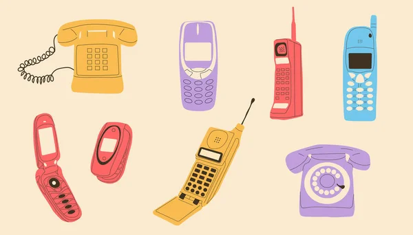 Σύνολο Κλασικών Και Σύγχρονων Τηλεφώνων Χειροκίνητη Διανυσματική Απεικόνιση — Διανυσματικό Αρχείο