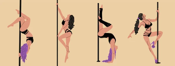 黒のレオタードで若いポールダンスの女性のセット 背景に隔離された漫画スタイルのベクトルイラスト 若くてスリムで美しいポールダンサー — ストックベクタ