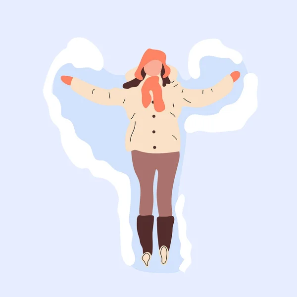 Happy Woman Making Snow Angel Vector Plano — Vector de stock