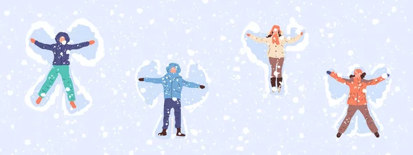Set Happy People Making Snow Angel Vector Estilo Dibujos Animados — Archivo Imágenes Vectoriales