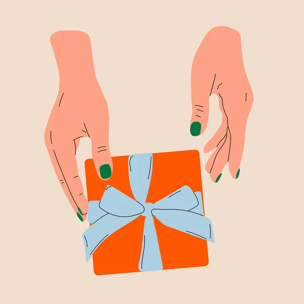 Mains Tenant Boîte Cadeau Décorée Avec Illustration Vectorielle Arc Promotions — Image vectorielle