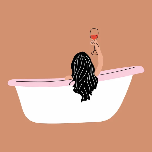 Kobieta Bierze Relaksującą Kąpiel Bąbelkami Pije Czerwone Wino Widok Boku — Wektor stockowy