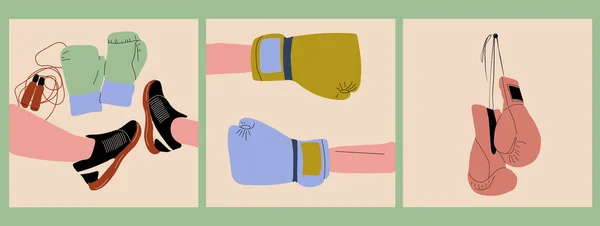 Набор Трех Боксерских Перчаток Оборудование Борьбы Конкуренцией Повешение Защита Рук — стоковый вектор
