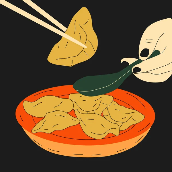 可爱的卡通画的暗淡和涂鸦 传统的中国饺子 Kawaii亚洲食品病媒说明 — 图库矢量图片