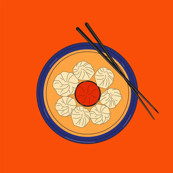 Художній Мультфільм Тьмяною Сумою Каракулів Традиційні Китайські Пельмені Ілюстрація Азійського — стоковий вектор