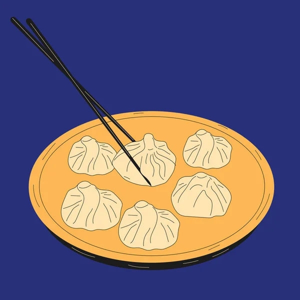 Mignon Dessin Animé Dim Sum Doodle Boulettes Chinoises Traditionnelles Illustration — Image vectorielle