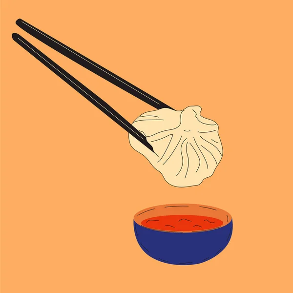 薄暗い合計ドアのかわいい漫画の描画 伝統的な中国の餃子 カワイイアジア料理のイラストベクトル — ストックベクタ