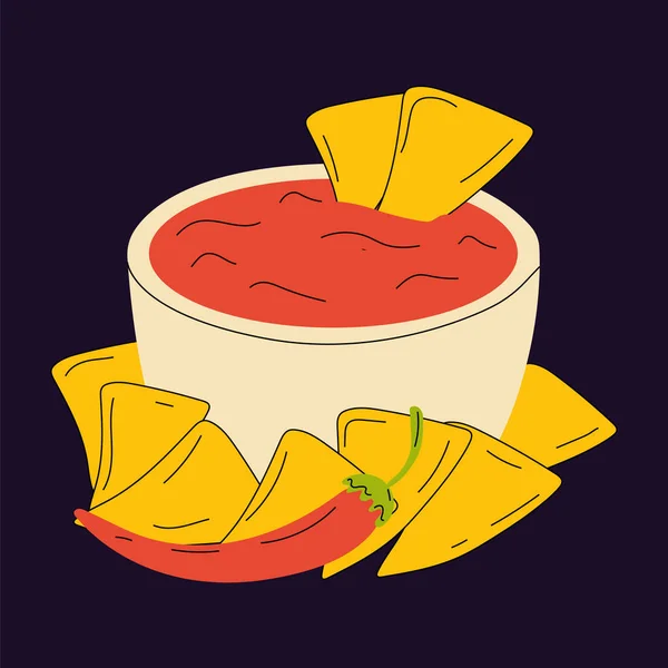 Nachos Chilli Paprika Salsa Vektor Izolované Ikony Mexiko Nachos Chips — Stockový vektor