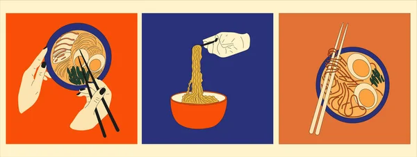 Set Tiga Mie Bowl Dan Sumpit Ramen Makanan Asia Masakan - Stok Vektor