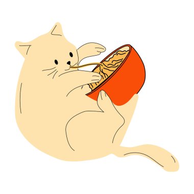 Erişte yiyen sevimli bir kedi ve çubuk kullanıyor. Ramen. Asya yemekleri.