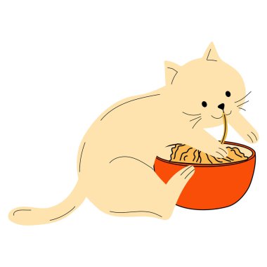 Erişte yiyen sevimli bir kedi ve çubuk kullanıyor. Ramen. Asya yemekleri.