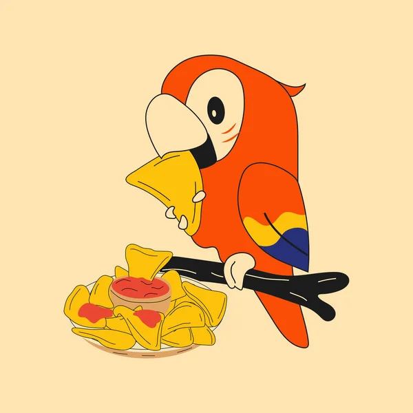 Ein Papageienmaskottchen Frisst Nachos Mexikanische Nachos Chips Fast Food Snack — Stockvektor