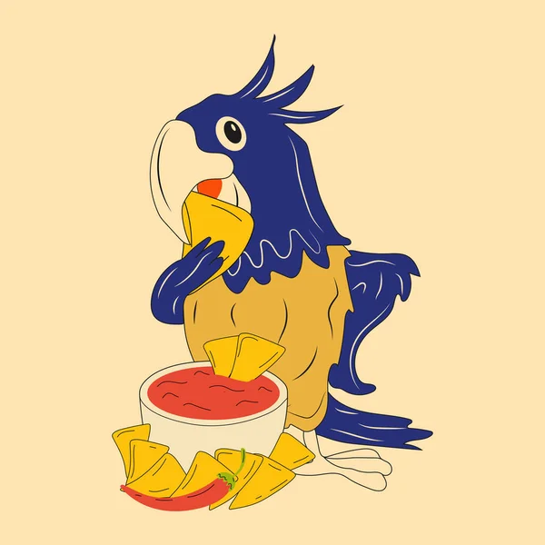 Uma Mascote Papagaio Come Nachos Mexicano Nachos Chips Fast Food —  Vetores de Stock