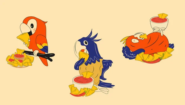 Conjunto Papagaios Mascotes Comer Nachos Mexicano Nachos Chips Fast Food — Vetor de Stock