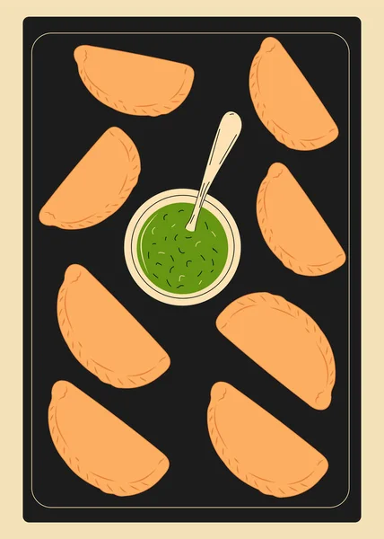 Fleisch Gebratene Empanadas Auf Einem Backblech Mit Sauce Vektorillustration — Stockvektor