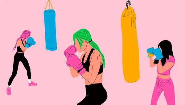 Set Three Woman Boxing Gloves Posing Punching Bag Sportswear Girl — Stock Vector