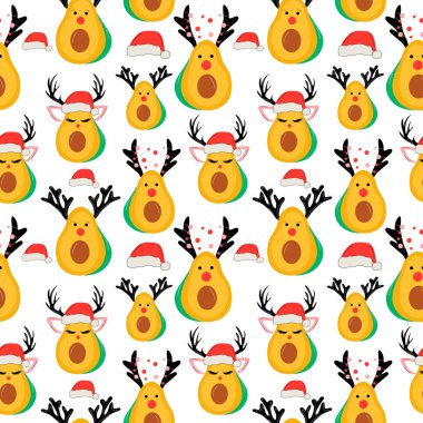 Avokado ve Noel aksesuarlarıyla kusursuz desen. Noel Baba şapkası, geyik boynuzları.