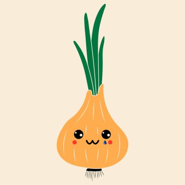 Kawaii gözlü yeşil soğan. Çizgi film tarzında vektör. Tüm elementler izole edildi