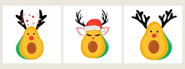 Noel Aksesuarlı Avokado Seti Noel Baba Şapkası Geyik Boynuzları — Stok Vektör