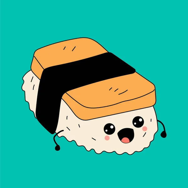 Cute Happy Funny Smiling Sushi Roll Kawaii Eyes Vector Cartoon — Stock Vector