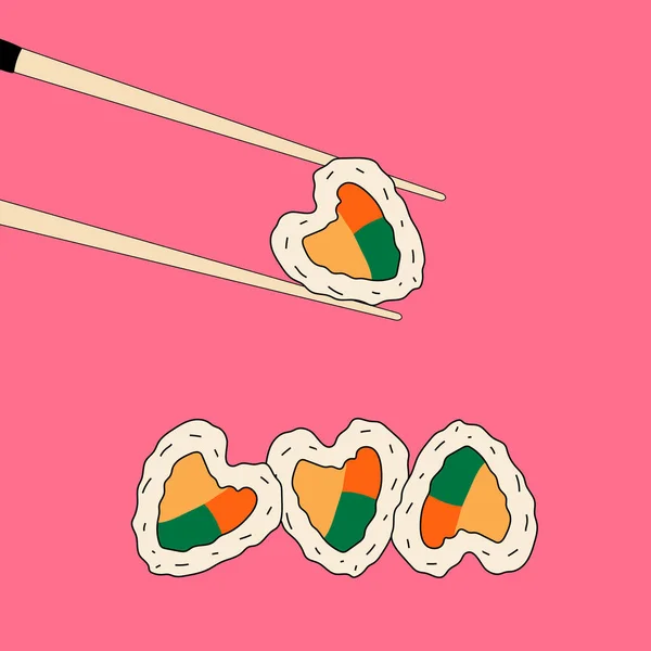 Szív Alakú Sushi Evőpálcika Vektor Illusztráció Szerelem Vagy Valentin Vagy — Stock Vector