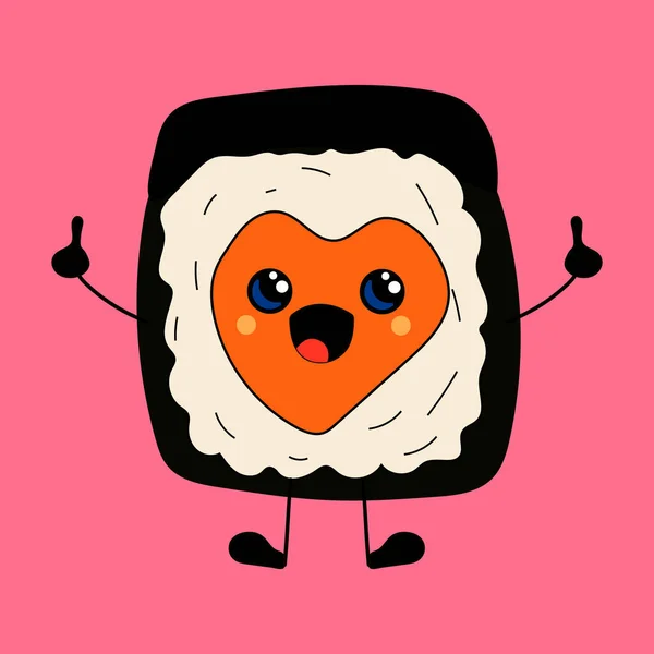 Sushi Love Concept Mignon Heureux Sushi Souriant Drôle Rouleau Avec — Image vectorielle
