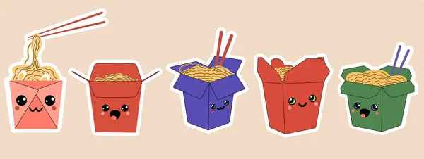 Set Asian Wok Boxs Ramen Noodles Cartoon Characters Isolated Vector — Stock Vector