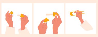 Ellerinde üç tane şans kurabiyesi. Tutan kişi ve şans bisküvisi boş kağıtla mesaj, dilek ve sürpriz için. Vektör illüstrasyonu.