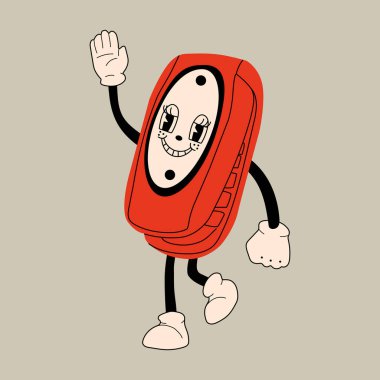 Eski Flip Phone. Elleri, bacakları, gözleri olan sevimli bir çizgi film karakteri. Retro karikatür tarzı. El çizimi izole edilmiş Vektör çizimi. Yazdır, logo şablonu