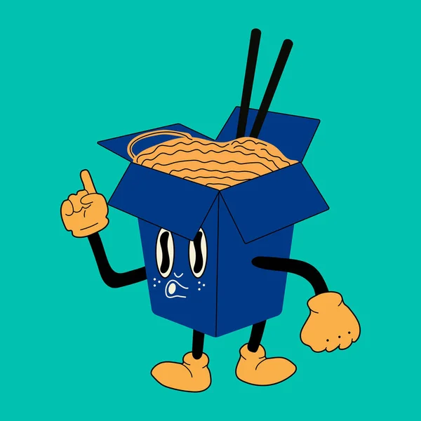 Asian Wok Box Ramen Noodles Cute Cartoon Character Hands Legs — Stock Vector
