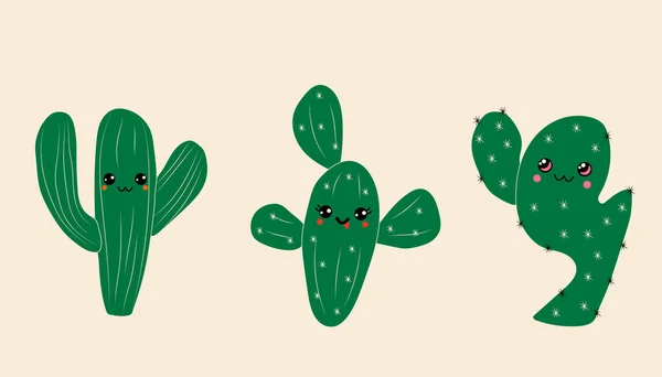 Set Three Cute Cartoon Cactus Kawaii Eyes Vector Cartoon Style — Stock Vector