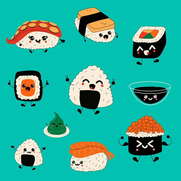 Emoji Sushi Karakterek Rajzfilm Japán Étel Vektorkészlet Sushi Rajzfilmfigurák Vicces — Stock Vector