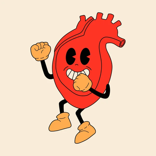 Κόκκινη Καρδιά Χαριτωμένο Μασκότ Χαρούμενο Πρόσωπο Ρετρό Στυλ Κόμικ Ευτυχισμένη — Διανυσματικό Αρχείο