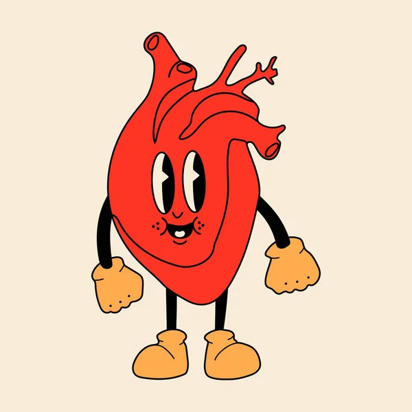 Κόκκινη Καρδιά Χαριτωμένο Μασκότ Χαρούμενο Πρόσωπο Ρετρό Στυλ Κόμικ Ευτυχισμένη — Διανυσματικό Αρχείο