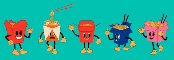 Σετ Ασιατικό Wok Box Noodles Ράμεν Χαριτωμένος Χαρακτήρας Κινουμένων Σχεδίων — Διανυσματικό Αρχείο