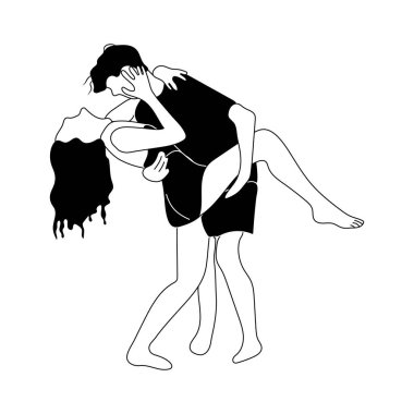 Aşk şefkati ve romantik duygular konsepti. Genç, sevgi dolu, gülümseyen bir çift. Kız ve erkek birbirlerine sarılıyorlar.