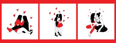 Birbirine bakan üç kadın karakter seti. Aşık lezbiyen çift. Kadın şefkati ve tutkusu kavramı. LGBT romantik ilişkisi