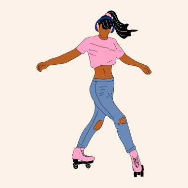 Buz patenli, eski model bir kız. El çizimi patenler çizim çizimleri. 80 'ler, 90' lar tarzı