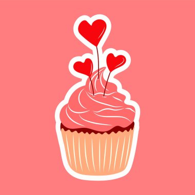 Beyaz arka planda kalbi yassı olan Sevgililer Günü kek ikonu. Aşk Konsepti. Vektör illüstrasyonu.