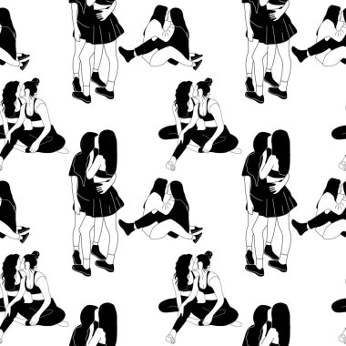 Birbirlerine bakan kadın karakterlerin olduğu kusursuz bir düzen. Aşık lezbiyen çift. Kadın şefkati ve tutkusu kavramı. LGBT romantik ilişkisi