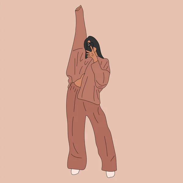 Belle Jeune Femme Prenant Selfie Pyjama Illustration Vectorielle Dessinée Main — Image vectorielle