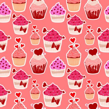 Kusursuz desenli dört adet Sevgililer Günü kek ikonu beyaz arka planda izole edilmiş yassı kalp şeklinde. Aşk Konsepti. Vektör illüstrasyonu.