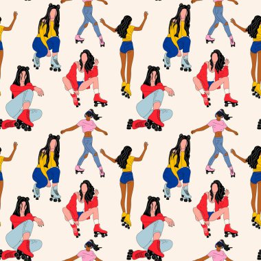 Paten kullanan Vector vintage patenci kızın kusursuz deseni. El çizimi patenler çizim çizimleri. 80 'ler, 90' lar tarzı