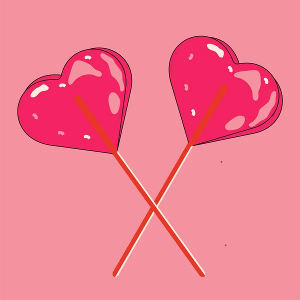 ハート型のロリポップ バレンタインデーの甘い 手描きベクトルイラスト 漫画風 — ストックベクタ